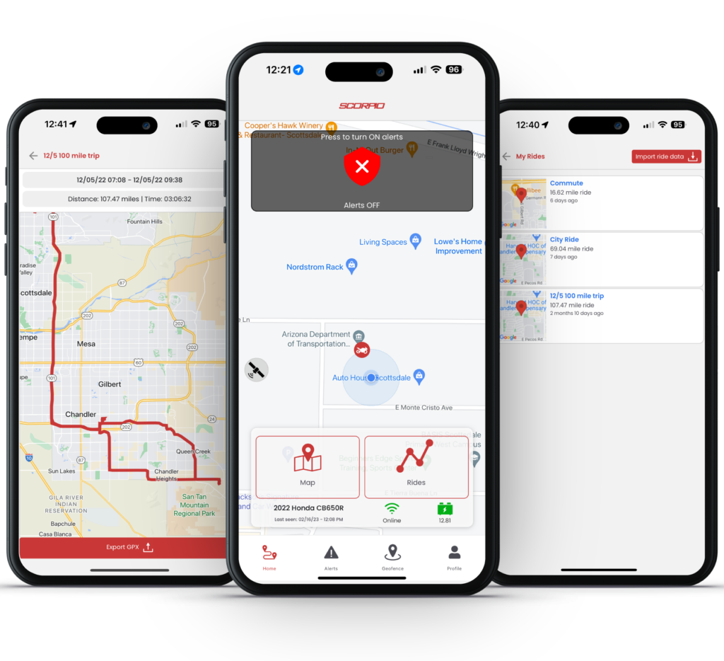 Scorpio GPS app Dashboard, Rides, Route