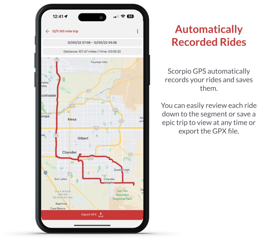 Scorpio GPS app Automatically tracked rides